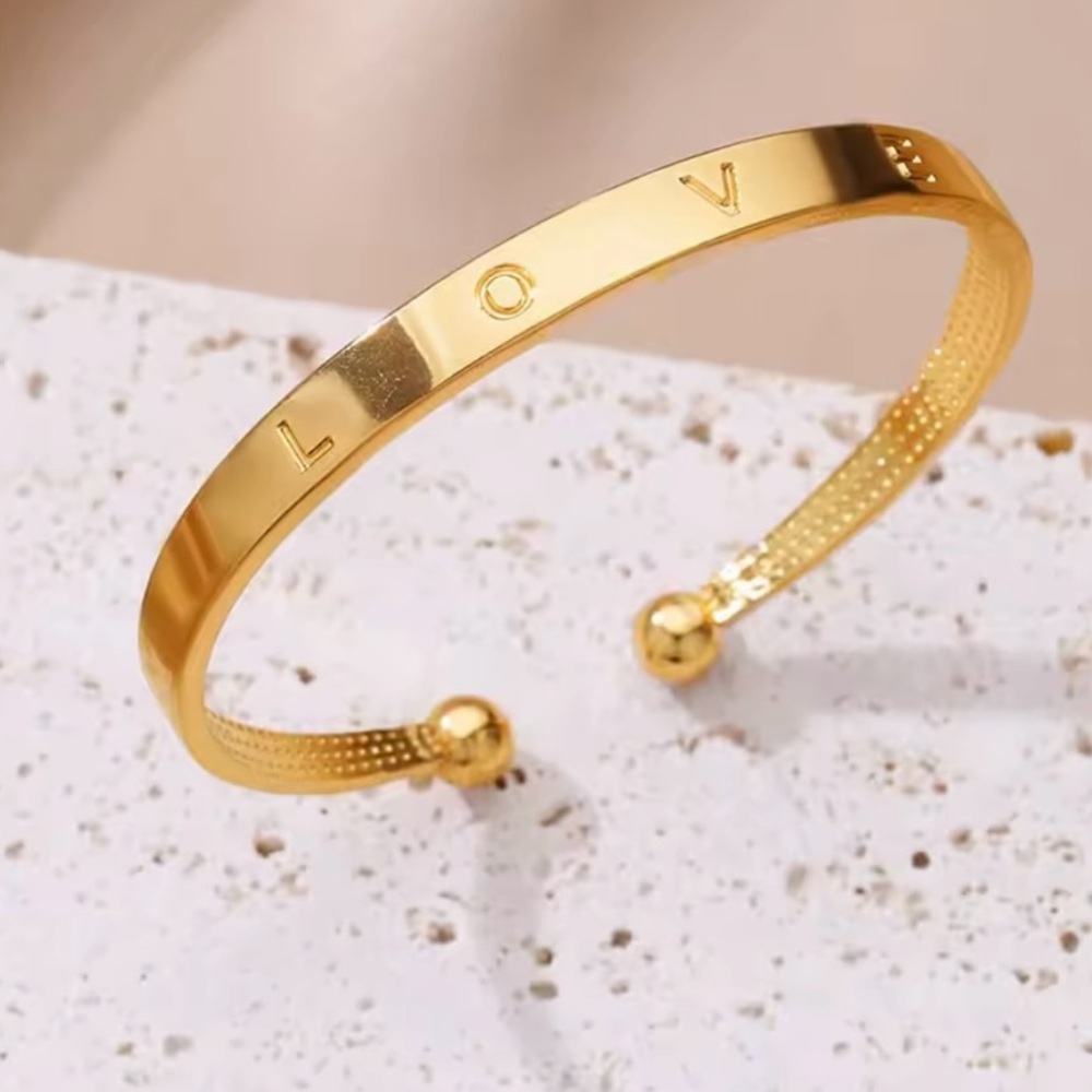 Minimalist LOVE Cuff Bangle Bracelet | Gold Tone Open Bangle | Stackable Jewelry